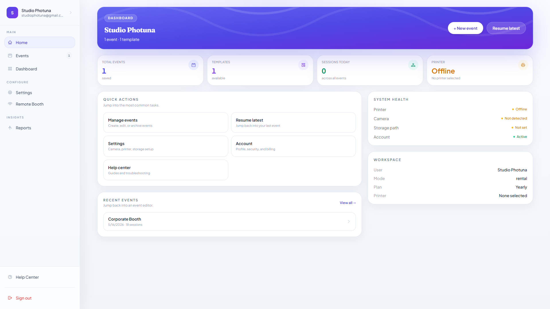 Studio Photuna event dashboard